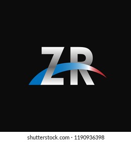 Initial letters ZR overlapping movement swoosh logo, metal silver blue red color on black background