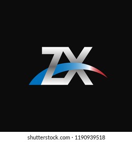 Initial letters ZX overlapping movement swoosh logo, metal silver blue red color on black background