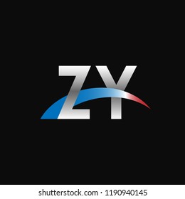 Initial letters ZY overlapping movement swoosh logo, metal silver blue red color on black background