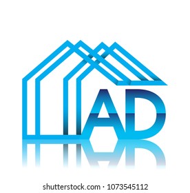 initial logo AD with house icon, business logo and property developer.