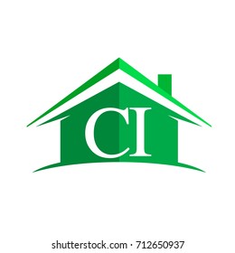 initial logo CI with house icon and green color, business logo and property developer.