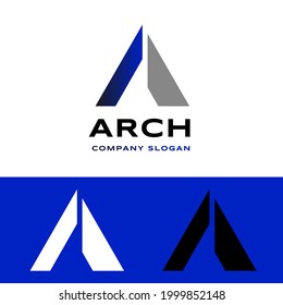Diseño Inicial De Un Logo. Triángulo azul y gris con símbolo de flecha dentro. Marca vectorial inteligente de la letra A