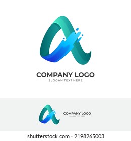 diseño inicial de logotipo A, letra A y logotipo combinado de agua con un estilo de color verde y azul 3d