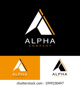 Initial A Logo Design. White and orange triangle with arrow symbol inside. Vector smart mark of letter A 