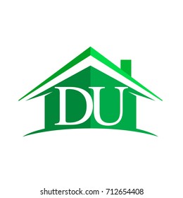 initial logo DU with house icon and green color, business logo and property developer.