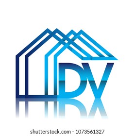 initial logo DV with house icon, business logo and property developer.