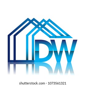 initial logo DW with house icon, business logo and property developer.
