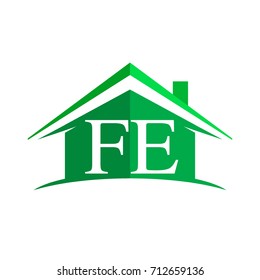 initial logo FE with house icon and green color, business logo and property developer.