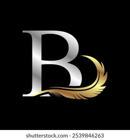 Initial logo with feather silver letter vector illustration template in black background