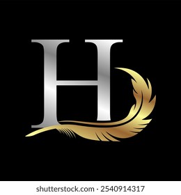 Initial logo with feather silver letter vector illustration template in black background