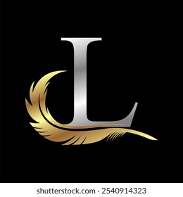 Logotipo inicial con Plantilla de Ilustración vectorial de letras plateadas de plumas en fondo negro