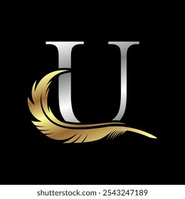 Logotipo inicial com letra de prata pena vetor ilustração modelo letra U