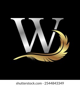 Initial logo with feather silver letter vector illustration template letter W