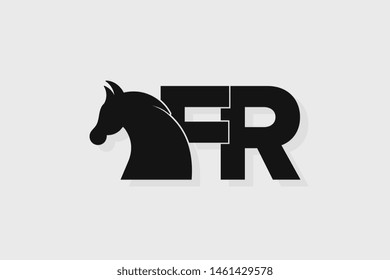 Logotipo inicial FR letra con cabeza de semental. La combinación de letras F y R es negra