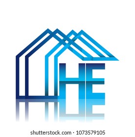 initial logo HE with house icon, business logo and property developer.