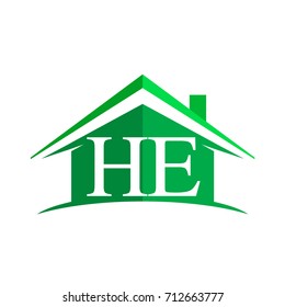 initial logo HE with house icon and green color, business logo and property developer.
