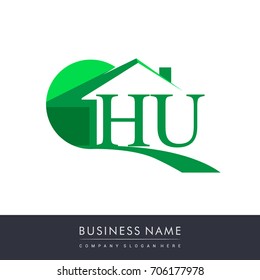 initial logo HU with house icon, business logo and property developer.