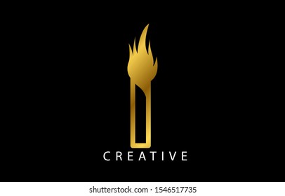 Initial I Logo Icon Design With Gold Fire Flame. Creative Look Vector Illustration in Gold Colors