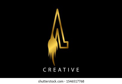 Initial A Logo Icon Design With Gold Fire Flame. Creative Look Vector Illustration in Gold Colors