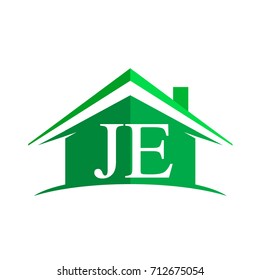 initial logo JE with house icon and green color, business logo and property developer.