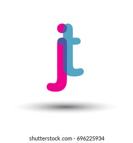 initial logo JT lowercase letter, blue and pink overlap transparent logo, modern and simple logo design.