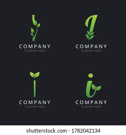 Initial I logo with leaf elements in green color