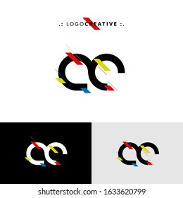 Initial logo letter AC lowercase linked template. Black white letter with ornament red yellow blue isolated on white black grey background. Modern abstract design for business and consulting company.