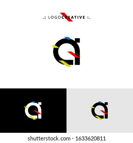 Initial logo letter AI lowercase linked template. Black white letter with ornament red yellow blue isolated on white black grey background. Modern abstract design for business and consulting company.