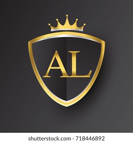 Initial logo letter AL with shield and crown Icon golden color isolated on black background, logotype design for company identity.