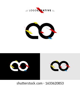 Initial logo letter AO lowercase linked template. Black white letter with ornament red yellow blue isolated on white black grey background. Modern abstract design for business and consulting company.