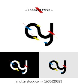 Initial logo letter AY lowercase linked template. Black white letter with ornament red yellow blue isolated on white black grey background. Modern abstract design for business and consulting company.