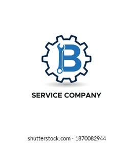 Logotipo inicial con llave de letra B e icono de engranaje vectorial para mecánica, ajuste, reparación y compañía de servicios