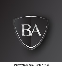 Initial logo letter BA with shield Icon silver color isolated on black background, logotype design for company identity.