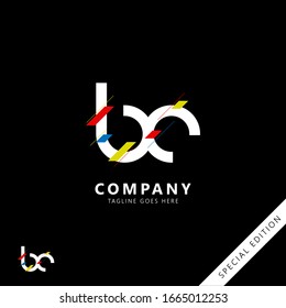 Initial logo letter BC lowercase linked template. White letter with ornament red yellow blue isolated on black background. Modern Abstract Design for business company. Vector Illustration.
