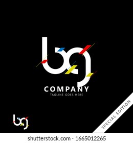 Initial logo letter BG lowercase linked template. White letter with ornament red yellow blue isolated on black background. Modern Abstract Design for business company. Vector Illustration.
