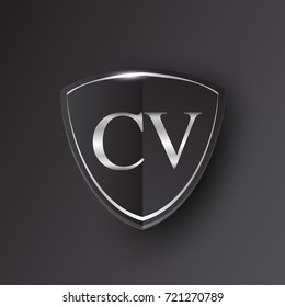 Initial logo letter CV with shield Icon silver color isolated on black background, logotype design for company identity.