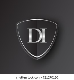 Initial logo letter DI with shield Icon silver color isolated on black background, logotype design for company identity.