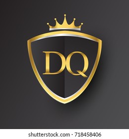 Initial logo letter DQ with shield and crown Icon golden color isolated on black background, logotype design for company identity.
