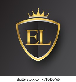 Initial logo letter EL with shield and crown Icon golden color isolated on black background, logotype design for company identity.