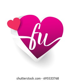 initial logo letter FU with heart shape red colored, logo design for wedding invitation, wedding name and business name.
