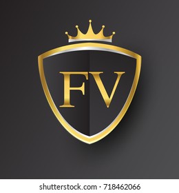 Initial logo letter FV with shield and crown Icon golden color isolated on black background, logotype design for company identity.