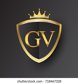 Initial logo letter GV with shield and crown Icon golden color isolated on black background, logotype design for company identity.