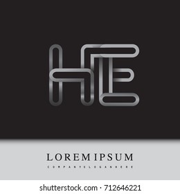 initial logo letter HE, linked outline silver colored, rounded logotype