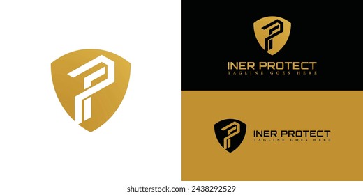 Initial logo letter IP or PI with shield Icon gold color isolated on multiple background colors. Letter IP or PI in gold color applied for security system technology company logo design inspiration