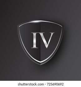 Initial logo letter IV with shield Icon silver color isolated on black background, logotype design for company identity.