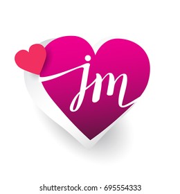 initial logo letter JM with heart shape red colored, logo design for wedding invitation, wedding name and business name.
