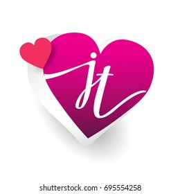 initial logo letter JT with heart shape red colored, logo design for wedding invitation, wedding name and business name.
