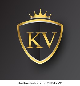 Initial logo letter KV with shield and crown Icon golden color isolated on black background, logotype design for company identity.