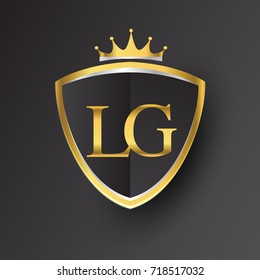Initial logo letter LG with shield and crown Icon golden color isolated on black background, logotype design for company identity.