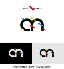 Initial logo letter AN lowercase linked template. Black white letter with ornament red yellow blue isolated on white black grey background. Modern abstract design for business and consulting company.